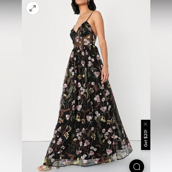 Lulu’s Radiant Fantasy Black Floral Embroidered Tulle Maxi Dress M NWT in packag - Picture 3 of 7